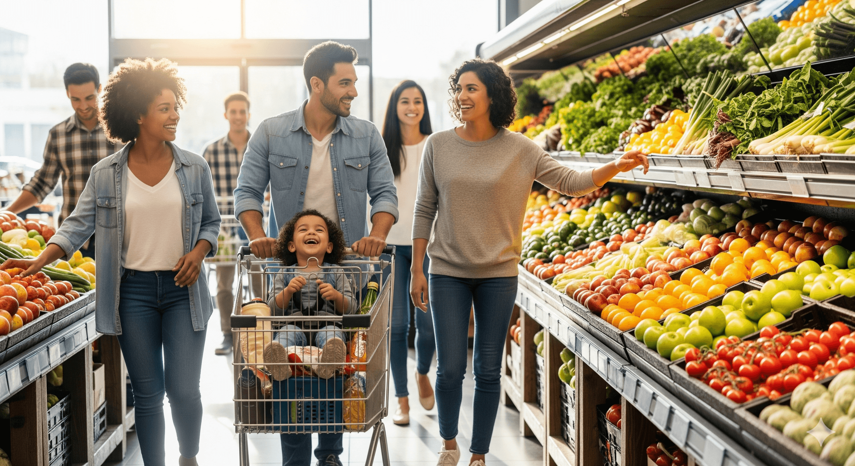Happy families shopping in vibrant grocery store produce section with colorful fruits and vegetables representing food retail excellence