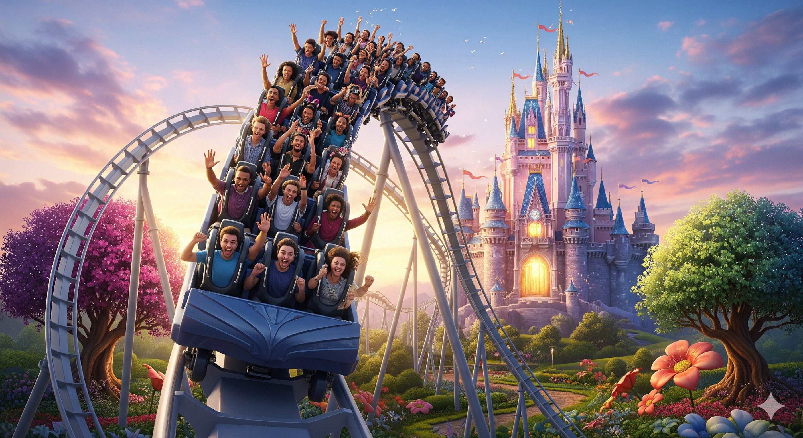 Magical theme park with rollercoaster and castle at sunset representing entertainment and media industry excellence