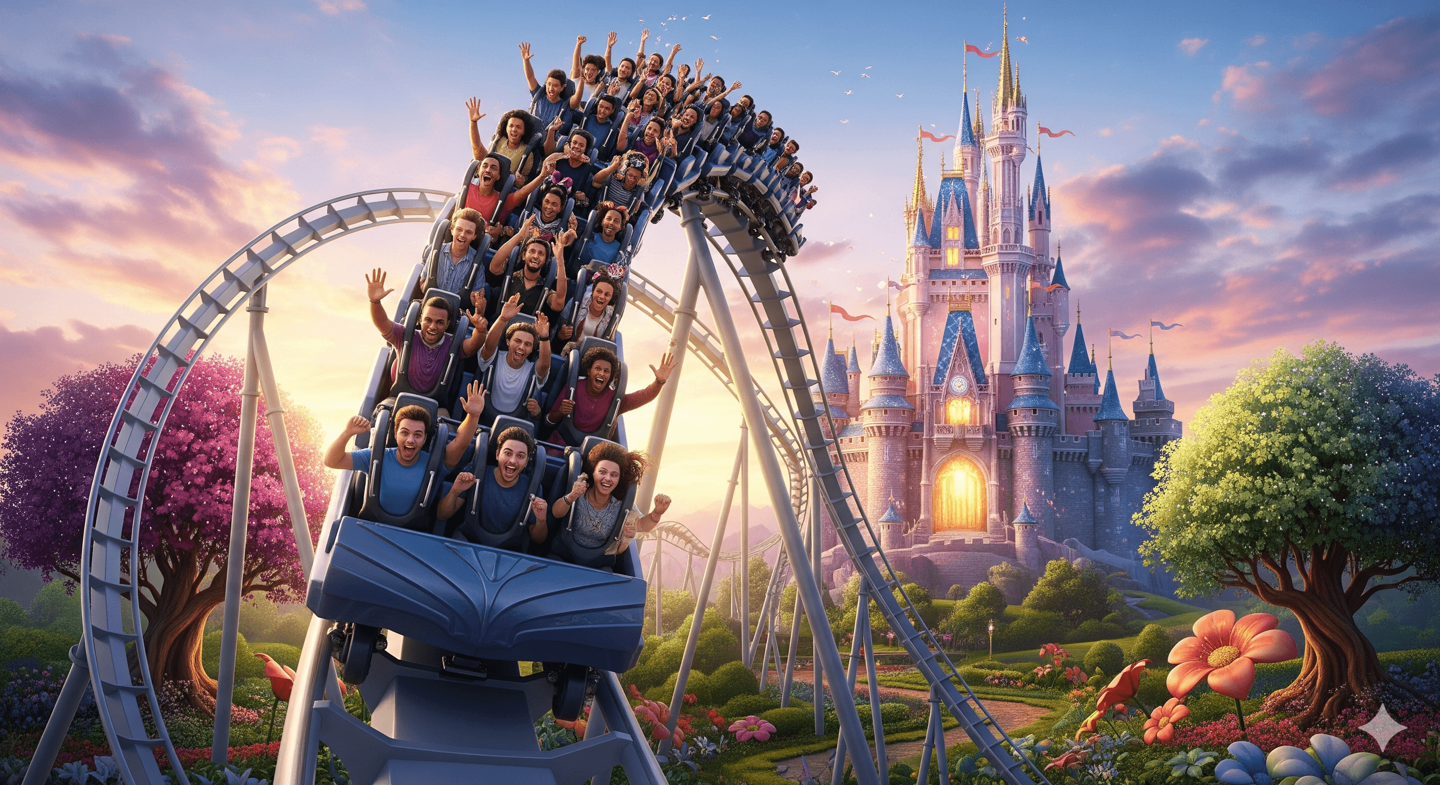 Magical theme park with rollercoaster and castle at sunset representing entertainment and media industry excellence