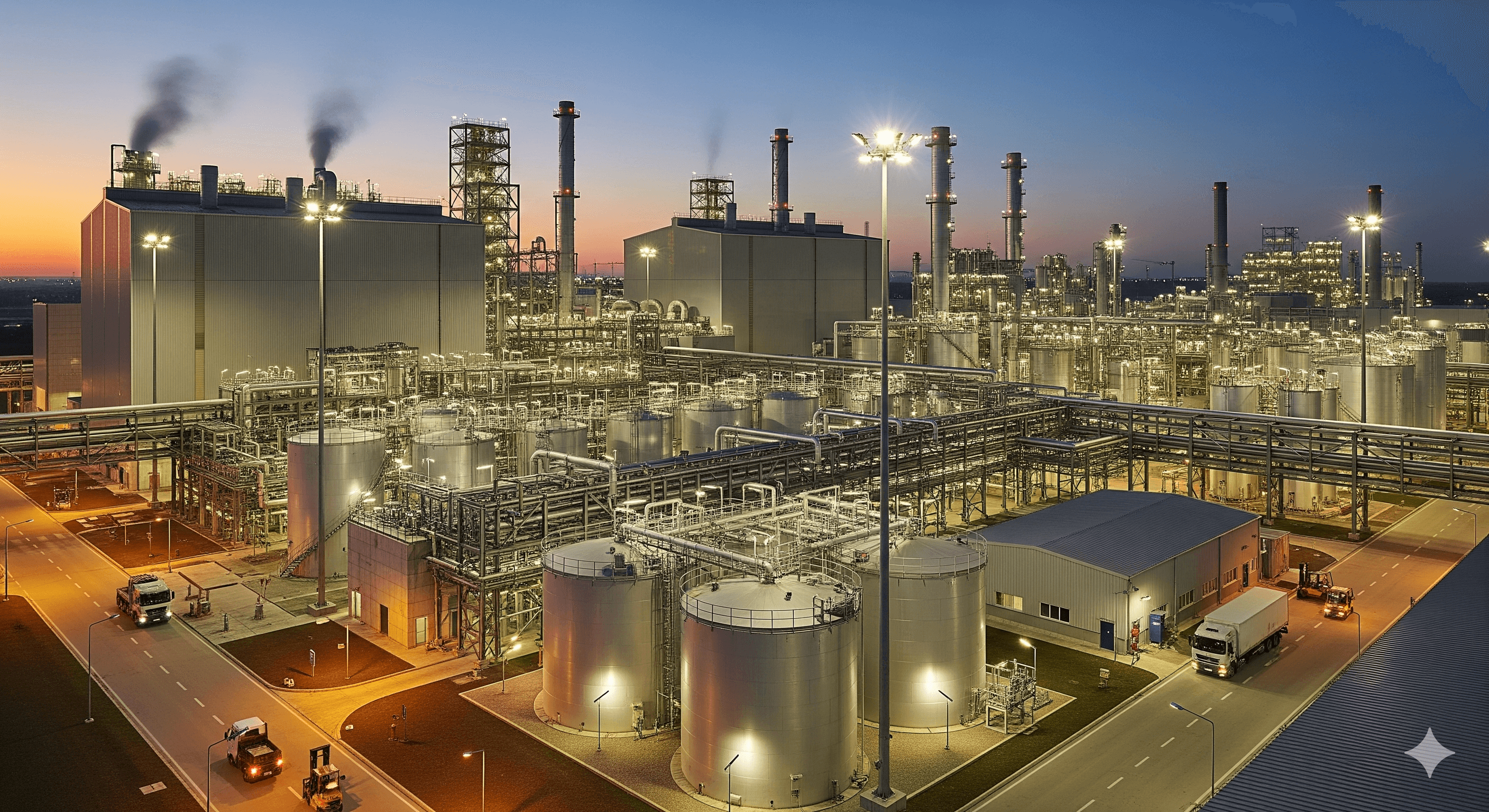 Large-scale chemical manufacturing facility with processing towers and industrial infrastructure