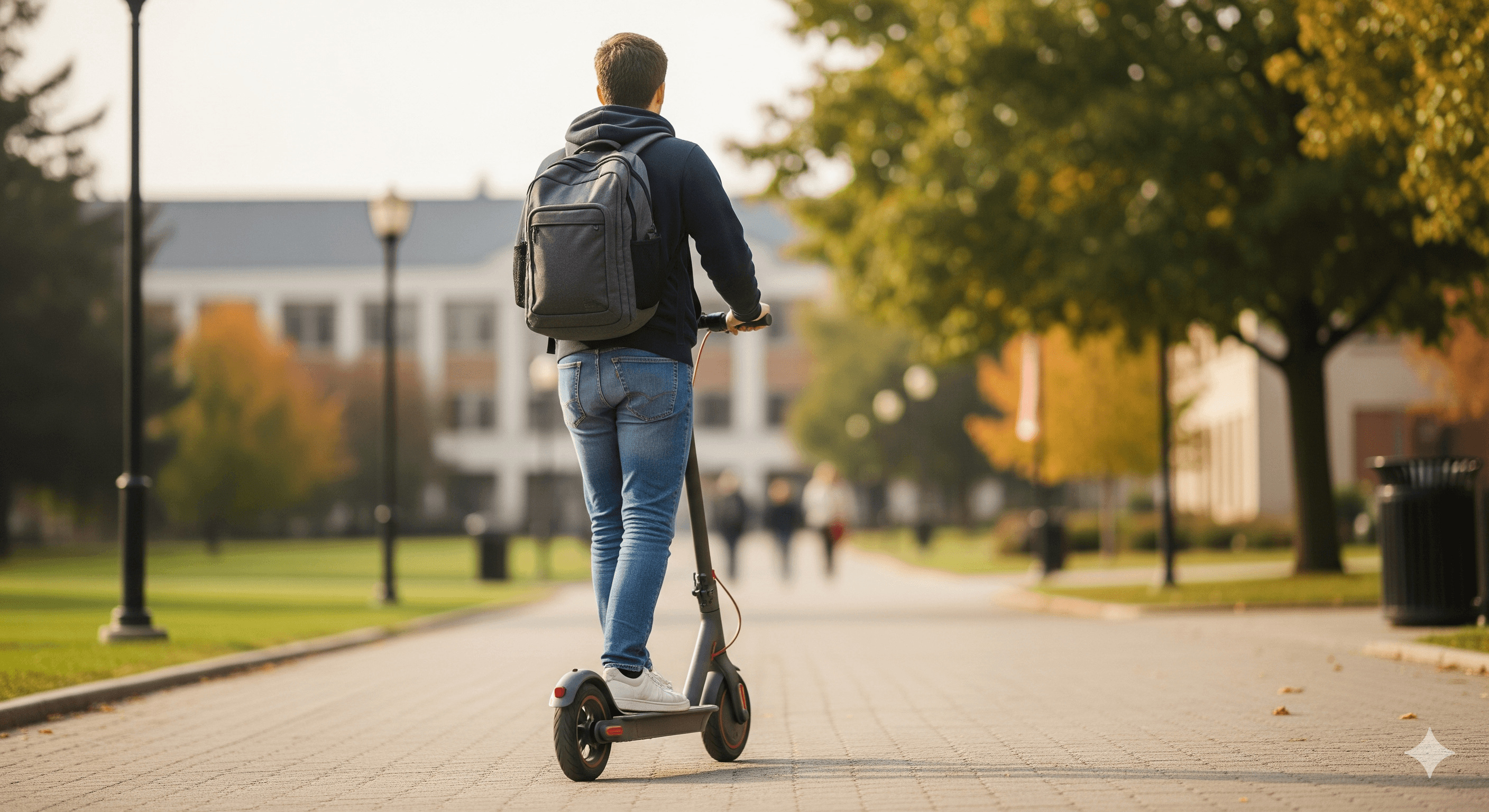 Person riding electric scooter through urban environment with autumn foliage representing sustainable mobility solutions across global cities